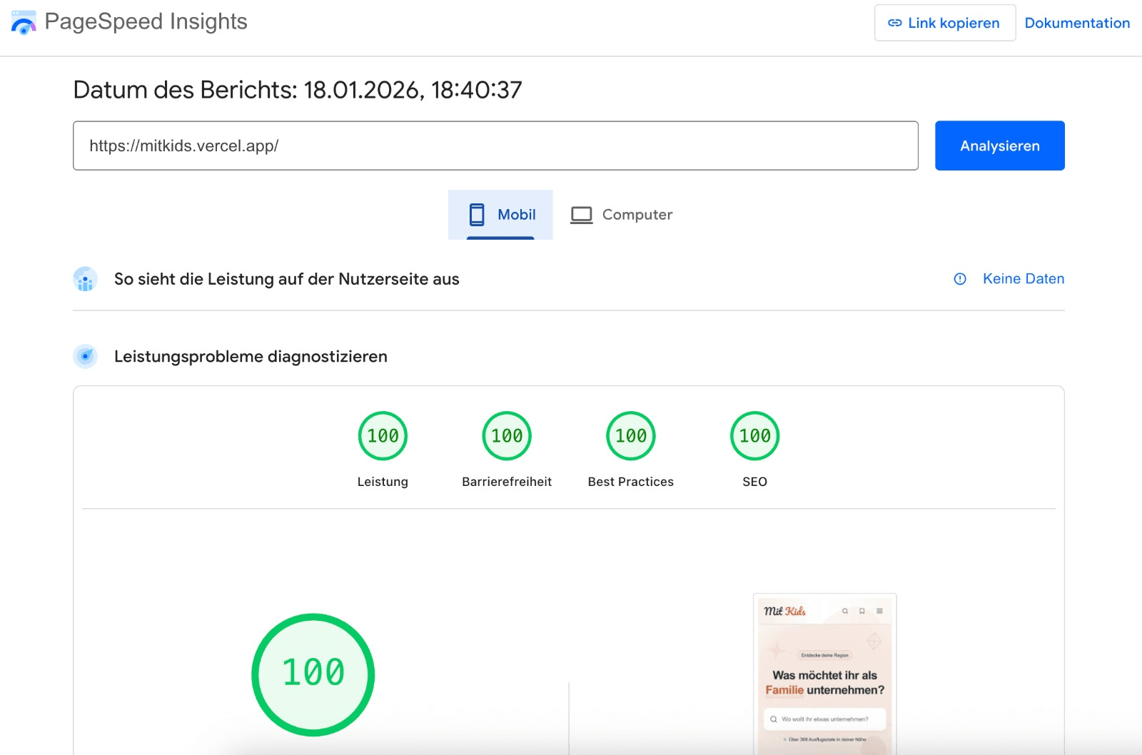 MITkids PageSpeed dashboard